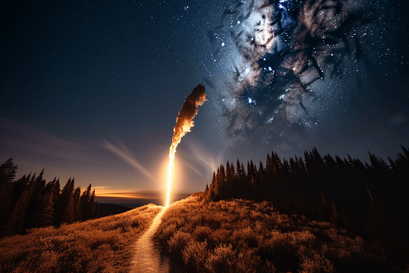 An image of a rocket launching into space with a trail of fire behind it, set against a starry sky.