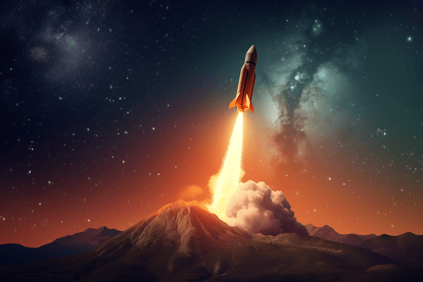 An image of a rocket launching into space with a trail of fire behind it, set against a starry sky.