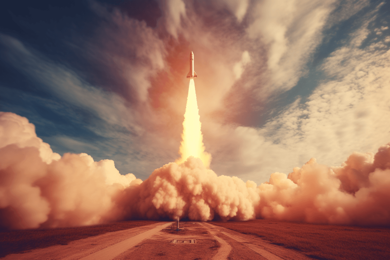 An image of a rocket taking off from Earth, with a fiery trail leading into the clouds.