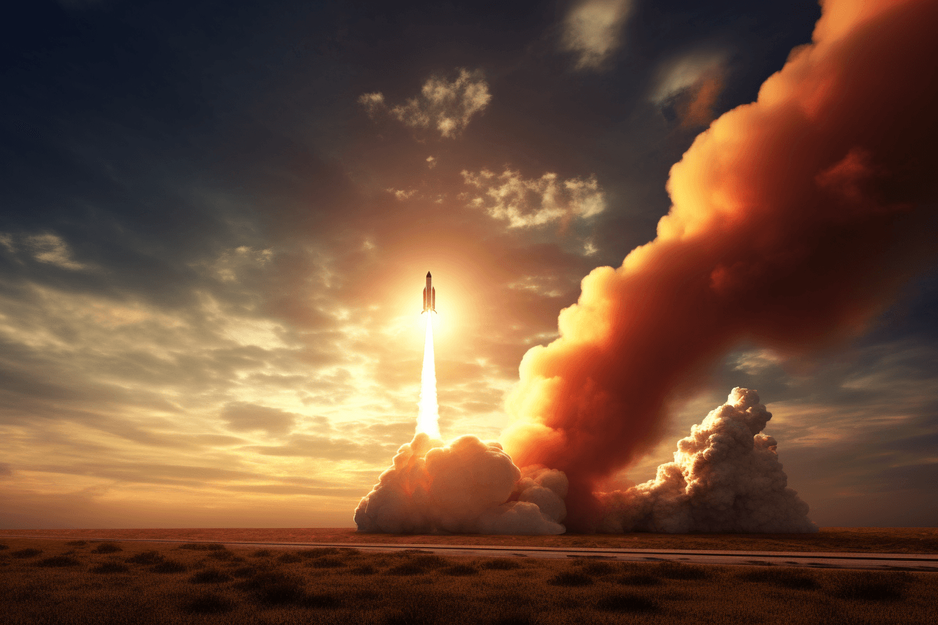 An image of a rocket taking off from Earth, with a fiery trail leading into the clouds.