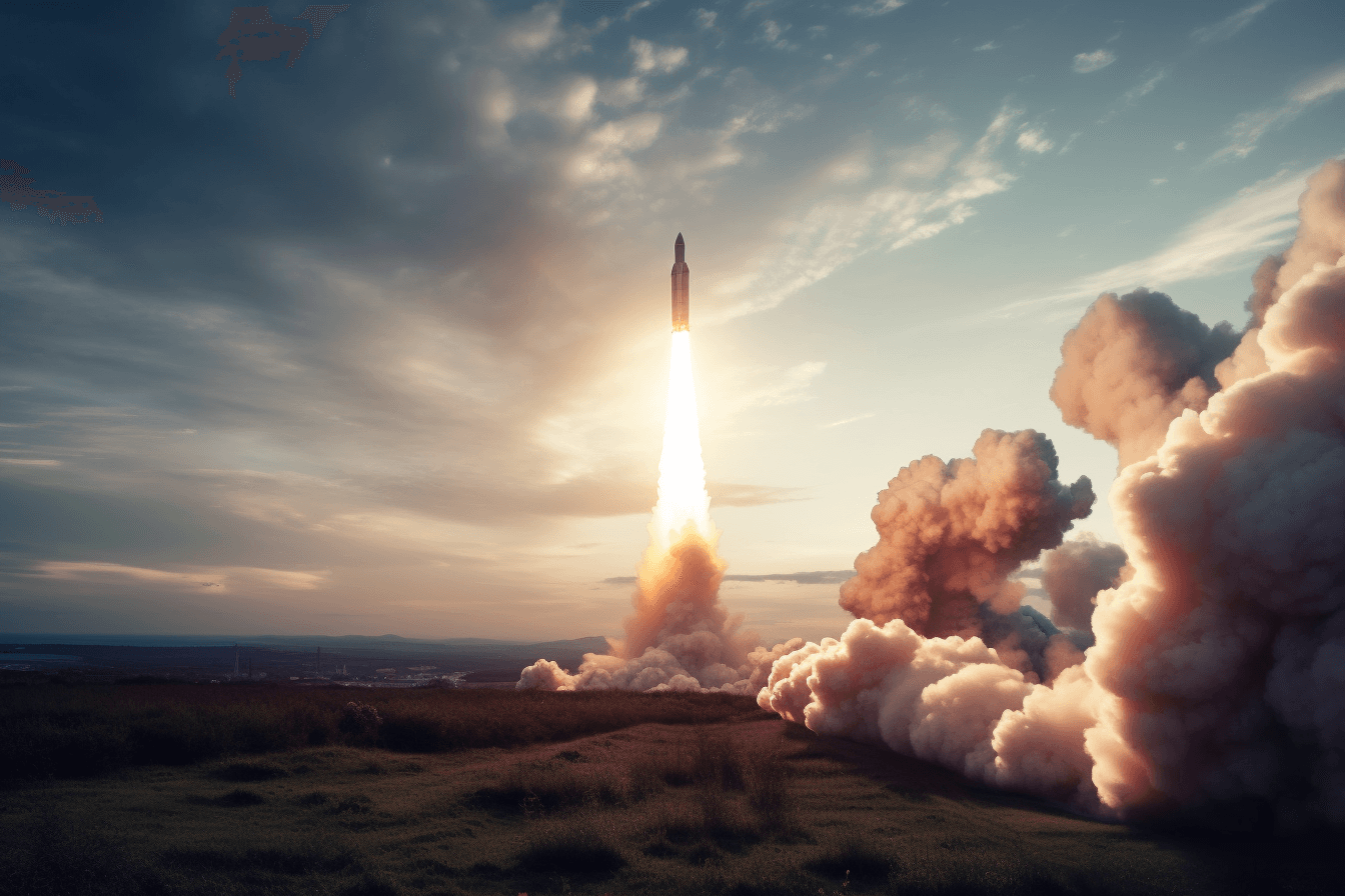 An image of a rocket taking off from Earth, with a fiery trail leading into the clouds.