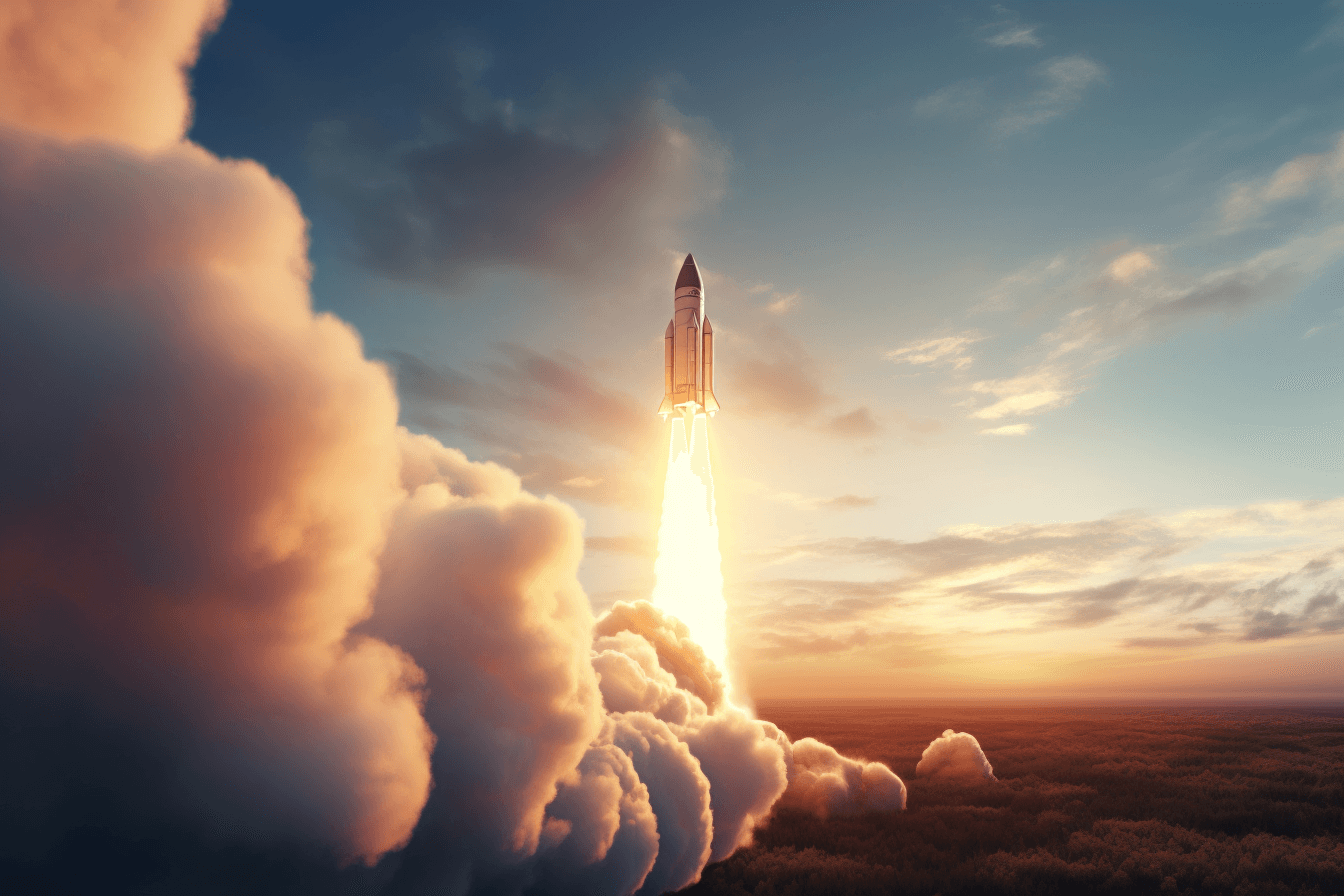 An image of a rocket taking off from Earth, with a fiery trail leading into the clouds.