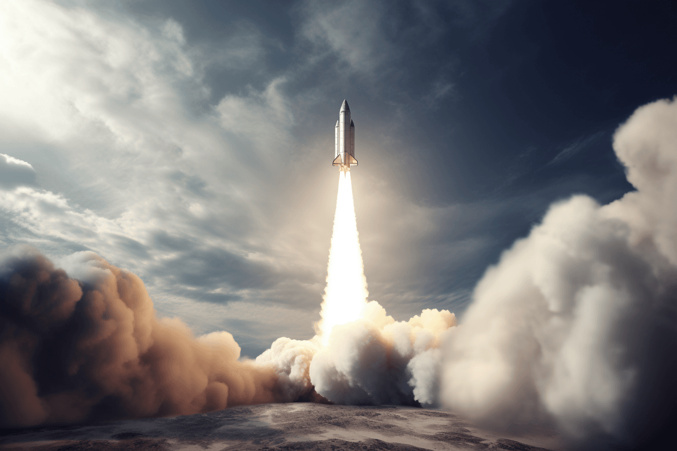 An image of a rocket taking off from Earth, with a fiery trail leading into the clouds.