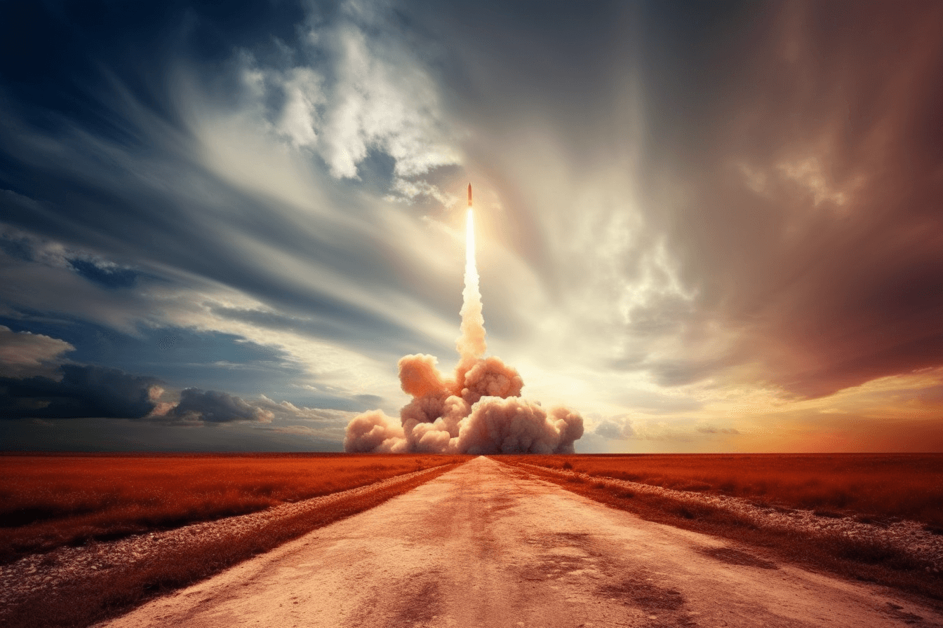 An image of a rocket taking off from Earth, with a fiery trail leading into the clouds.