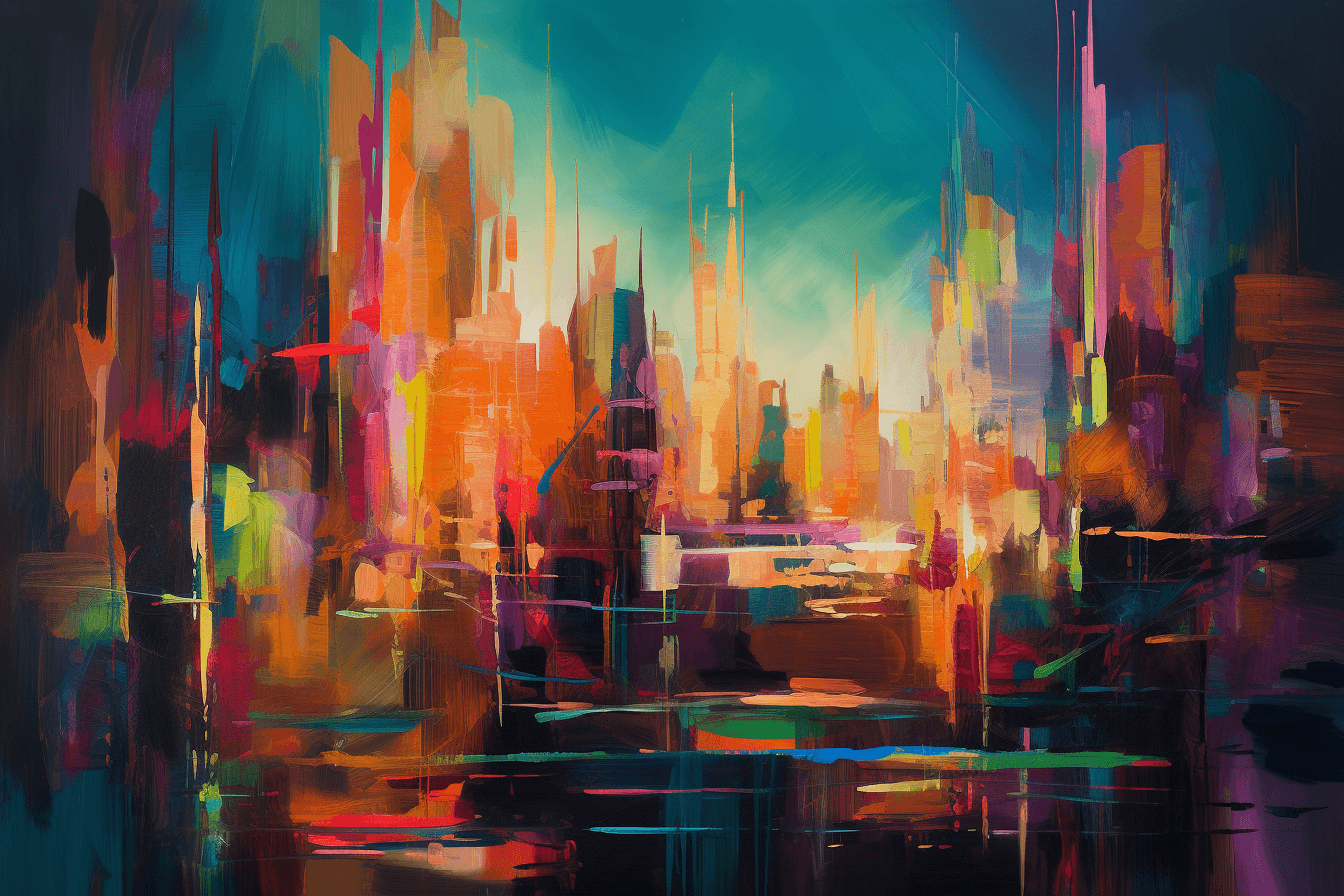 An impressionist-style painting of a futuristic cityscape, with blurred lines and bold colors creating a dreamy effect.