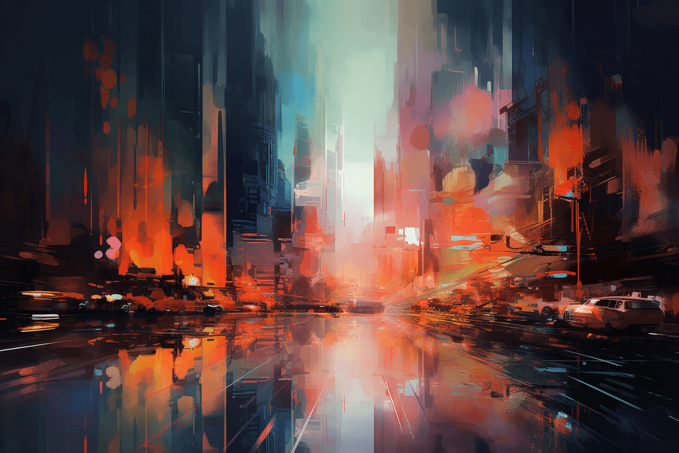 An impressionist-style painting of a futuristic cityscape, with blurred lines and bold colors creating a dreamy effect.