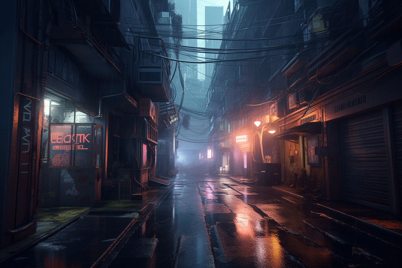 An urban-inspired wallpaper with a grunge aesthetic, featuring a neon-lit cityscape with futuristic elements such as holographic billboards.