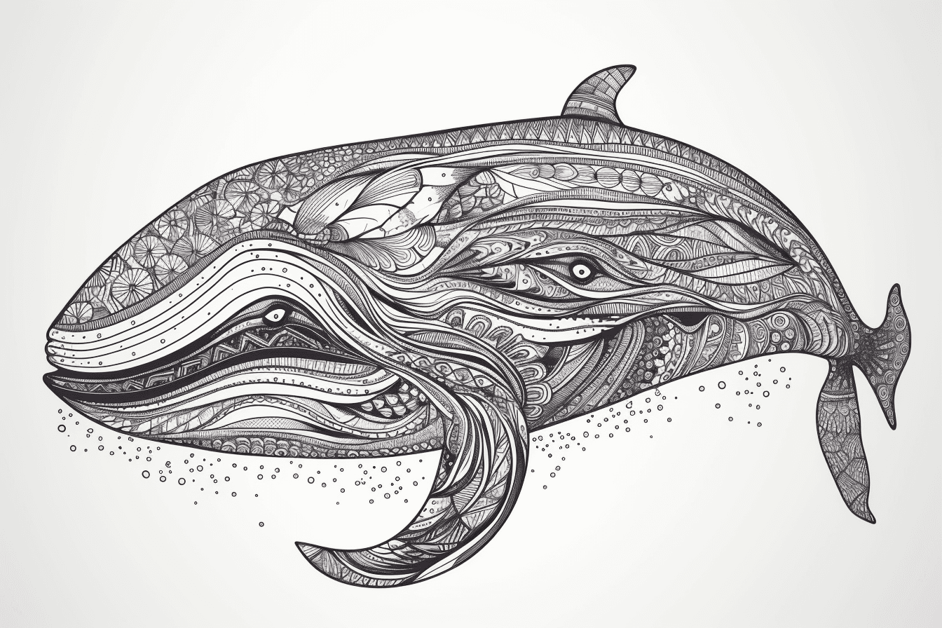 Blue whale as black and white illustration with thin outlines for coloring book