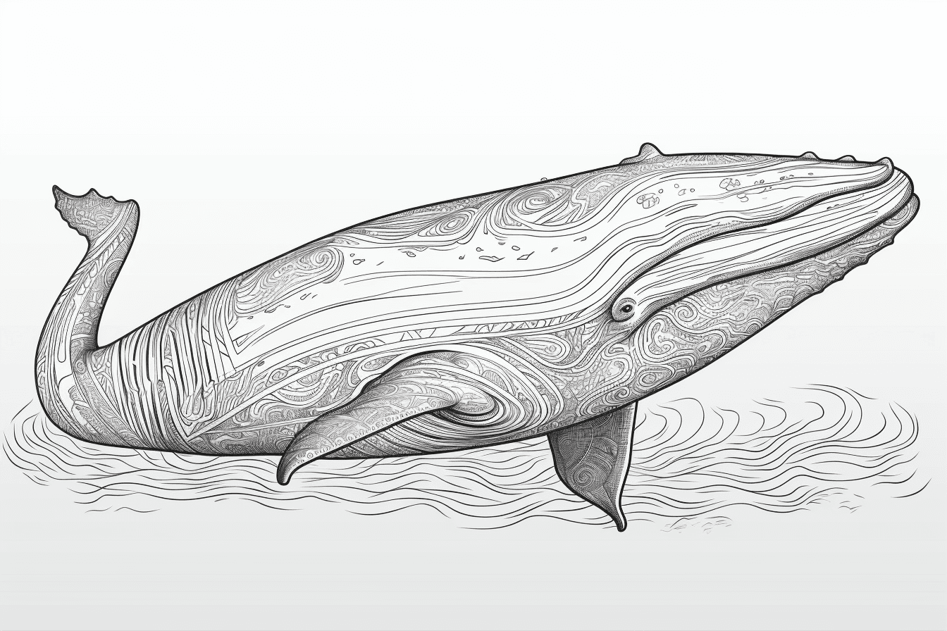 Blue whale as black and white illustration with thin outlines for coloring book