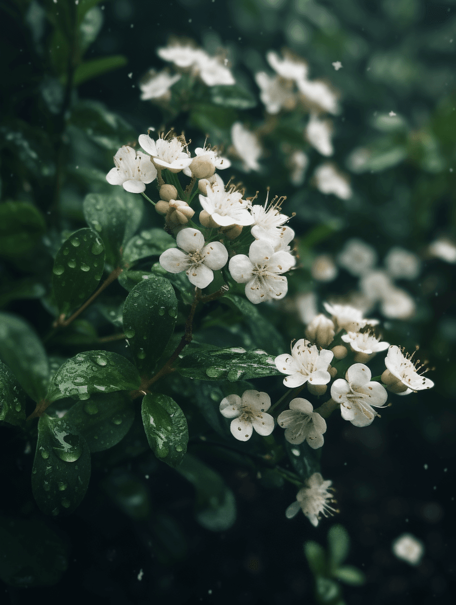 small white flowers in a tree with a green background, in the style of cranberrycore, soggy, snapshot aesthetic, he jiaying, water drops, basil gogos, briton rivière