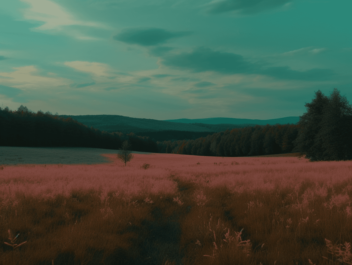 this is a large field, in the style of richly colored skies, light pink and dark green, 32k uhd, kurzgesagt, františek dvořák, romanticized views, hikecore