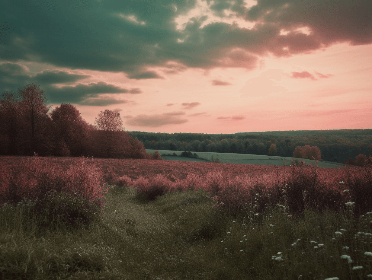 this is a large field, in the style of richly colored skies, light pink and dark green, 32k uhd, kurzgesagt, františek dvořák, romanticized views, hikecore